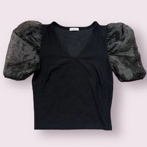 Occasion Tulle Sheer Puff Sleeve Ribbed V Neck Black Blouse Top Size Medium